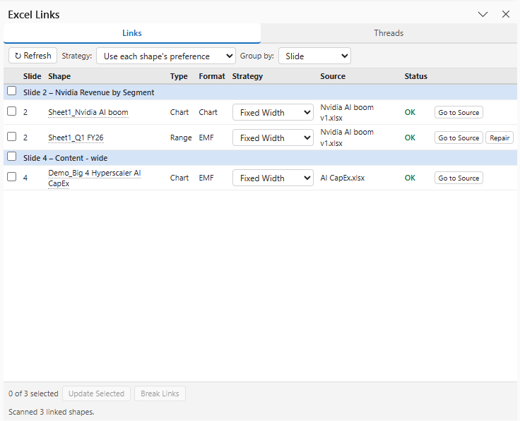 Excel Links pane with link statuses