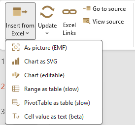 Insert from Excel format menu