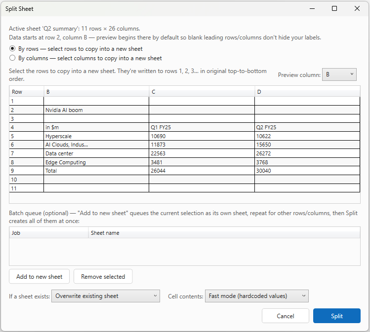 Split sheet dialog